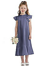 Front View Thumbnail - French Blue Flutter Sleeve Ruffle-Hem Satin Flower Girl Dress