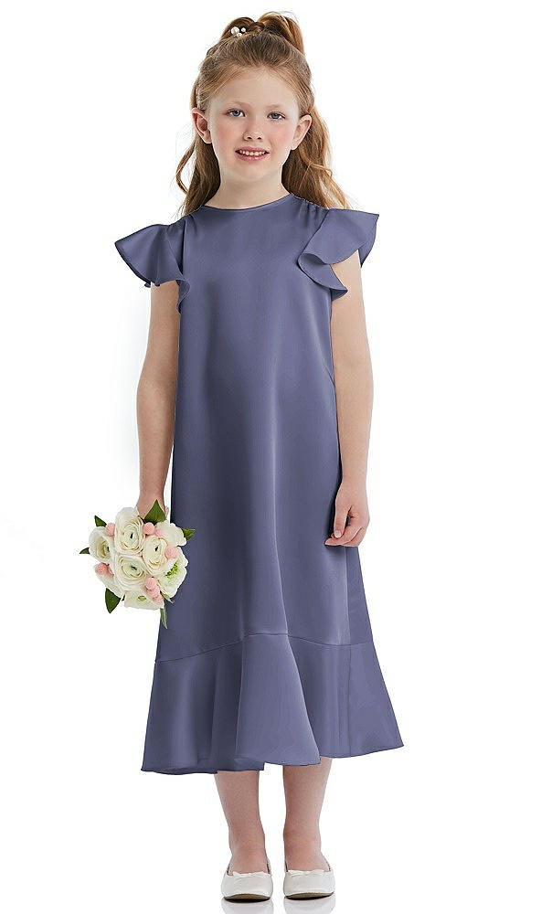 Front View - French Blue Flutter Sleeve Ruffle-Hem Satin Flower Girl Dress