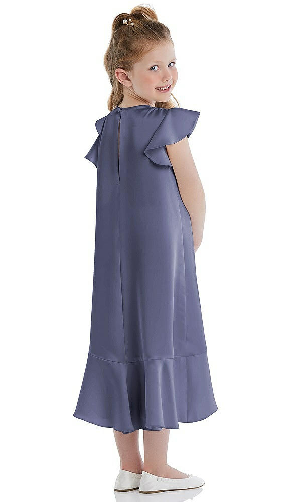 Back View - French Blue Flutter Sleeve Ruffle-Hem Satin Flower Girl Dress