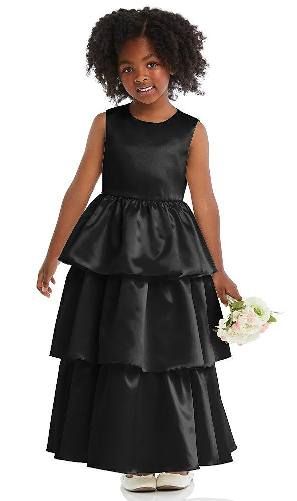 Front View - Black Jewel Neck Tiered Skirt Satin Flower Girl Dress