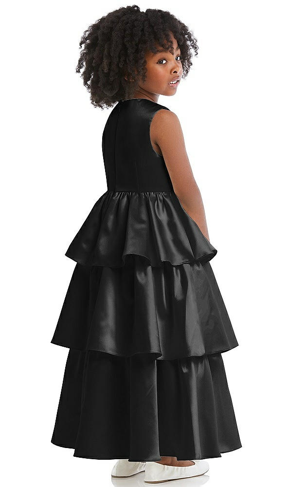 Back View - Black Jewel Neck Tiered Skirt Satin Flower Girl Dress