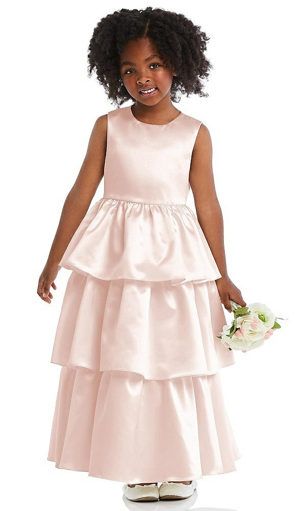 Front View - Blush Jewel Neck Tiered Skirt Satin Flower Girl Dress
