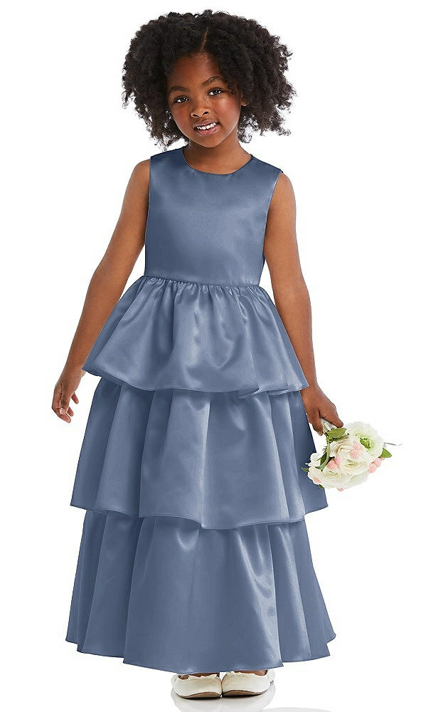 Front View - Larkspur Blue Jewel Neck Tiered Skirt Satin Flower Girl Dress
