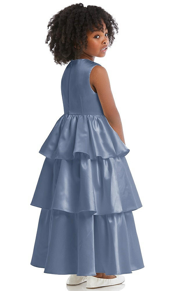 Back View - Larkspur Blue Jewel Neck Tiered Skirt Satin Flower Girl Dress