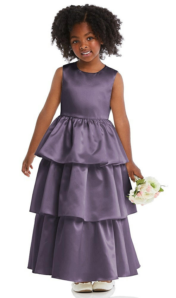 Front View - Lavender Jewel Neck Tiered Skirt Satin Flower Girl Dress