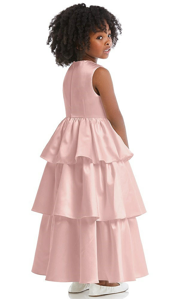 Back View - Rose - PANTONE Rose Quartz Jewel Neck Tiered Skirt Satin Flower Girl Dress