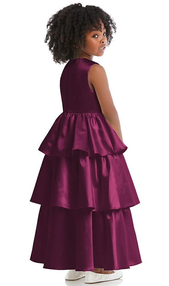 Back View - Ruby Jewel Neck Tiered Skirt Satin Flower Girl Dress