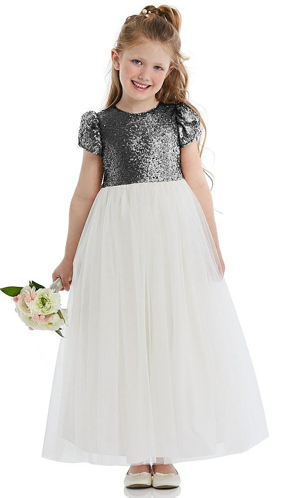 Front View - Stardust Puff Sleeve Sequin and Tulle Flower Girl Dress