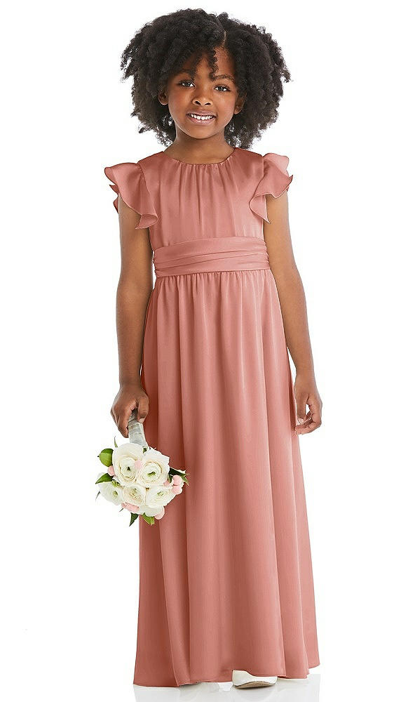 Front View - Desert Rose Ruffle Flutter Sleeve Whisper Satin Flower Girl Dress
