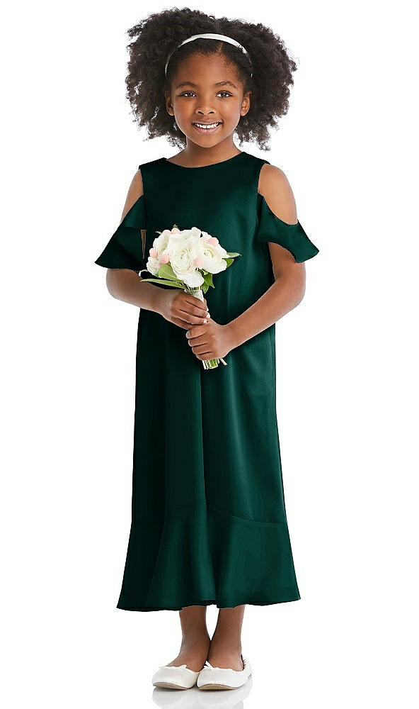Front View - Evergreen Ruffled Cold Shoulder Flower Girl Dress