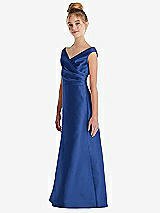 Side View Thumbnail - Classic Blue Off-the-Shoulder Draped Wrap Satin Junior Bridesmaid Dress