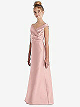 Side View Thumbnail - Rose - PANTONE Rose Quartz Off-the-Shoulder Draped Wrap Satin Junior Bridesmaid Dress