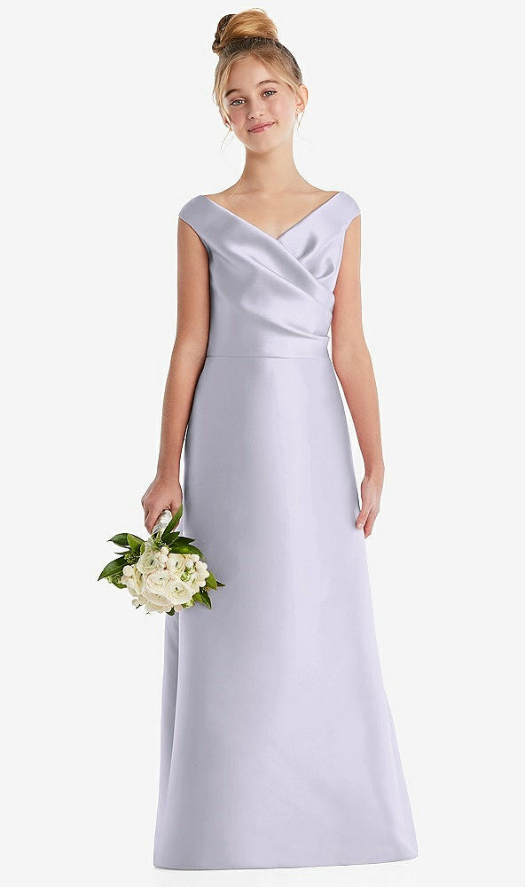 Front View - Silver Dove Off-the-Shoulder Draped Wrap Satin Junior Bridesmaid Dress