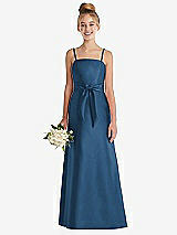 Front View Thumbnail - Dusk Blue Spaghetti Strap Satin Junior Bridesmaid Dress with Mini Sash