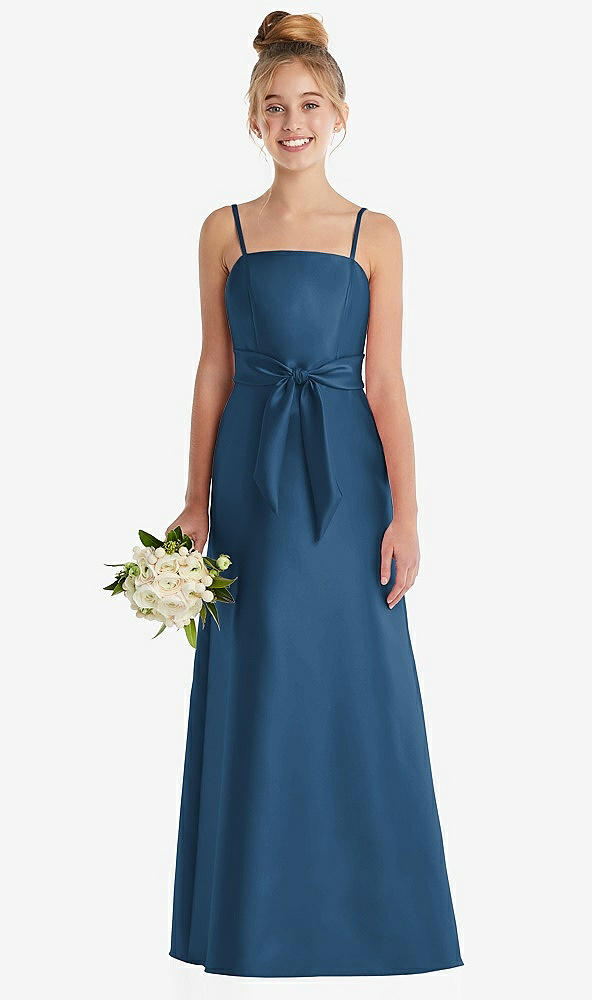 Front View - Dusk Blue Spaghetti Strap Satin Junior Bridesmaid Dress with Mini Sash