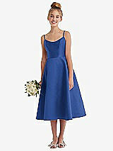 Alt View 1 Thumbnail - Classic Blue Adjustable Spaghetti Strap Satin Midi Junior Bridesmaid Dress