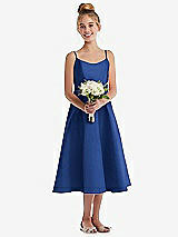 Front View Thumbnail - Classic Blue Adjustable Spaghetti Strap Satin Midi Junior Bridesmaid Dress