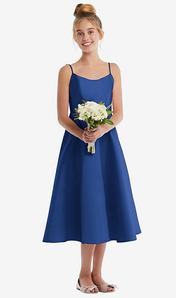 Front View - Classic Blue Adjustable Spaghetti Strap Satin Midi Junior Bridesmaid Dress