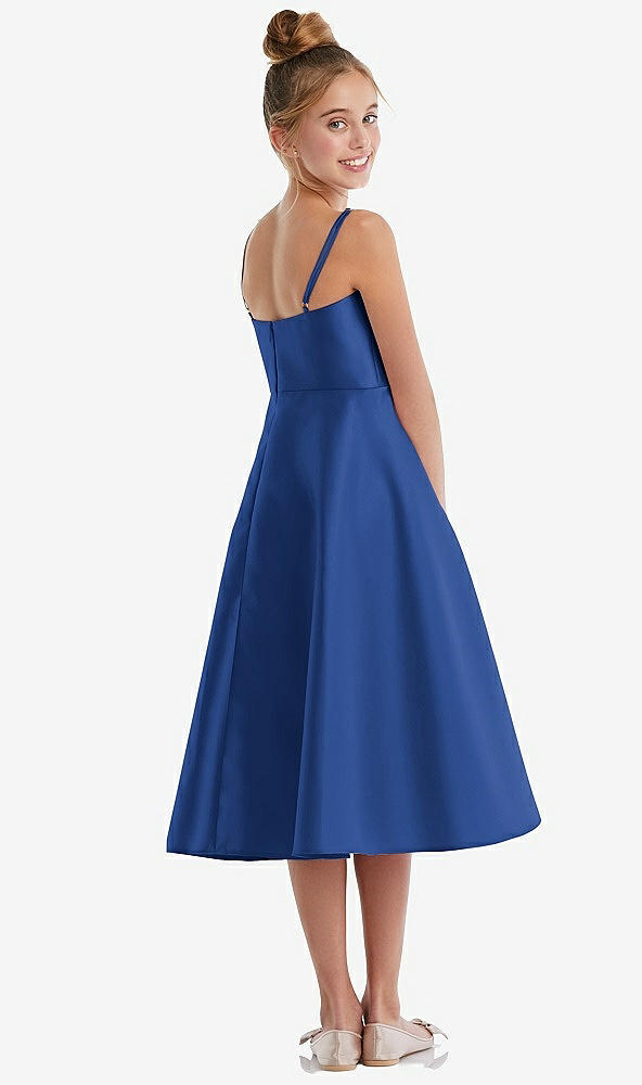 Back View - Classic Blue Adjustable Spaghetti Strap Satin Midi Junior Bridesmaid Dress