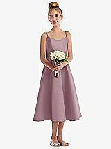 Front View Thumbnail - Dusty Rose Adjustable Spaghetti Strap Satin Midi Junior Bridesmaid Dress