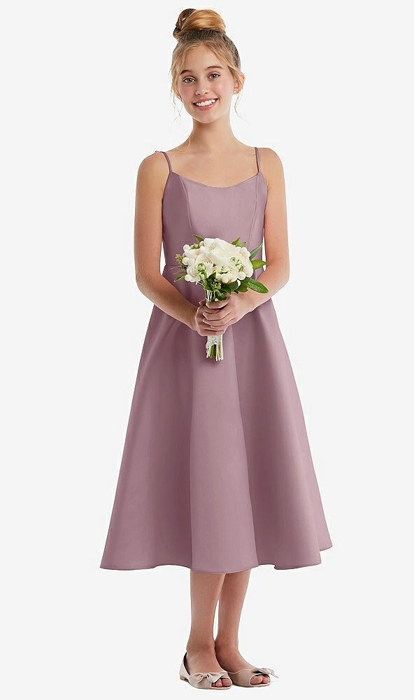 Front View - Dusty Rose Adjustable Spaghetti Strap Satin Midi Junior Bridesmaid Dress