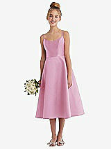 Alt View 1 Thumbnail - Powder Pink Adjustable Spaghetti Strap Satin Midi Junior Bridesmaid Dress