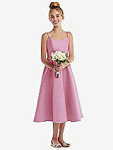 Front View Thumbnail - Powder Pink Adjustable Spaghetti Strap Satin Midi Junior Bridesmaid Dress