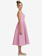 Side View Thumbnail - Powder Pink Adjustable Spaghetti Strap Satin Midi Junior Bridesmaid Dress