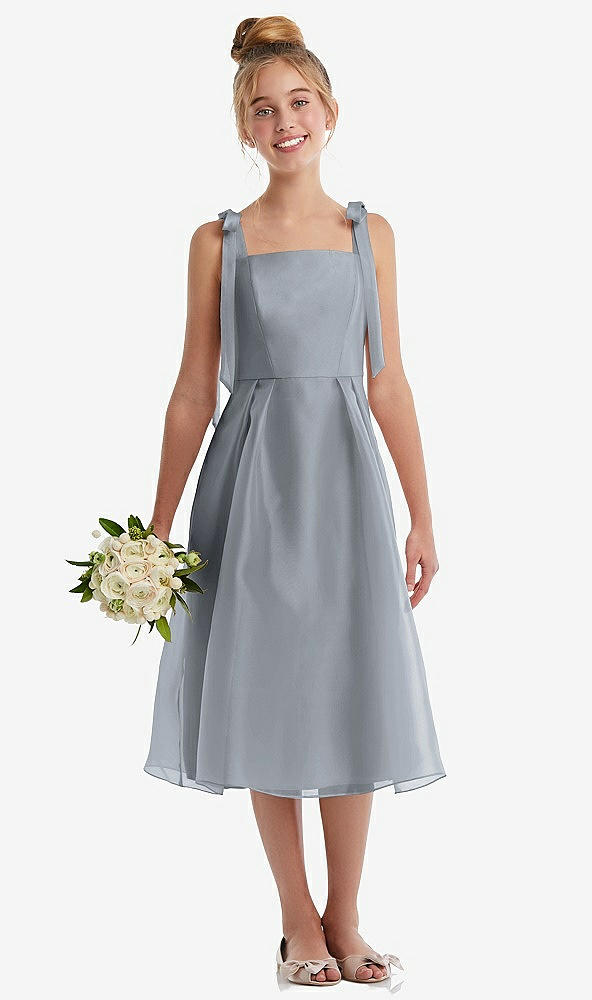 Front View - Platinum Tie Shoulder Pleated Full Skirt Junior Bridesmaid Dress