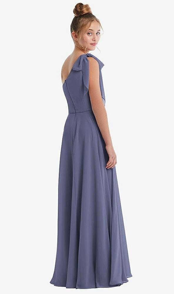 Back View - French Blue One-Shoulder Scarf Bow Chiffon Junior Bridesmaid Dress
