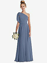 Front View Thumbnail - Larkspur Blue One-Shoulder Scarf Bow Chiffon Junior Bridesmaid Dress
