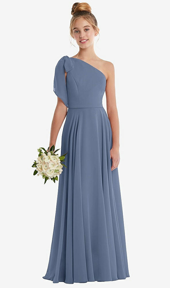 Front View - Larkspur Blue One-Shoulder Scarf Bow Chiffon Junior Bridesmaid Dress