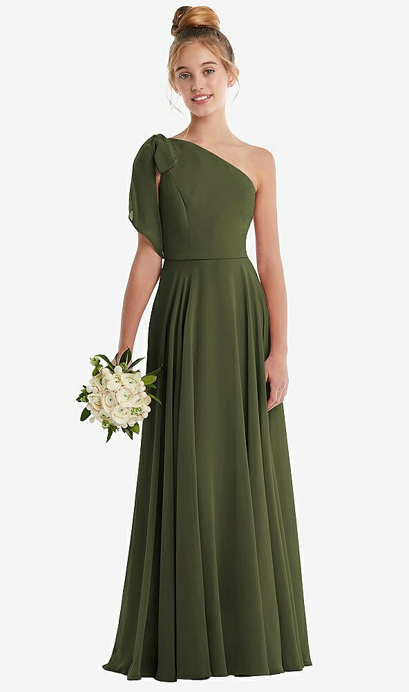 Front View - Olive Green One-Shoulder Scarf Bow Chiffon Junior Bridesmaid Dress