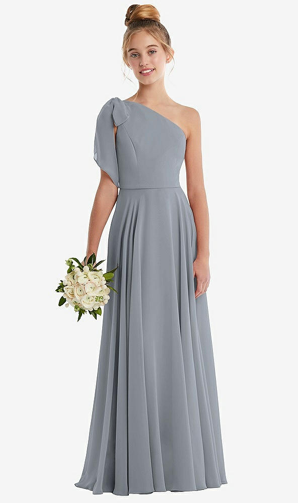 Front View - Platinum One-Shoulder Scarf Bow Chiffon Junior Bridesmaid Dress