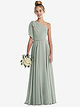 Front View Thumbnail - Willow Green One-Shoulder Scarf Bow Chiffon Junior Bridesmaid Dress