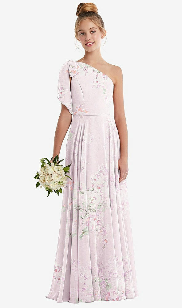Front View - Watercolor Print One-Shoulder Scarf Bow Chiffon Junior Bridesmaid Dress