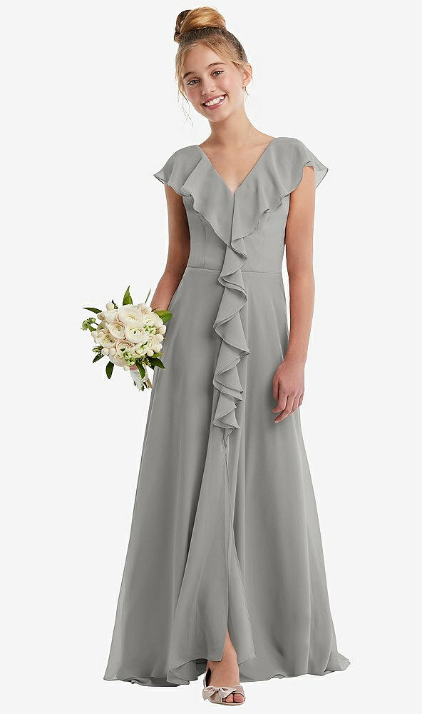 Front View - Chelsea Gray Cascading Ruffle Full Skirt Chiffon Junior Bridesmaid Dress