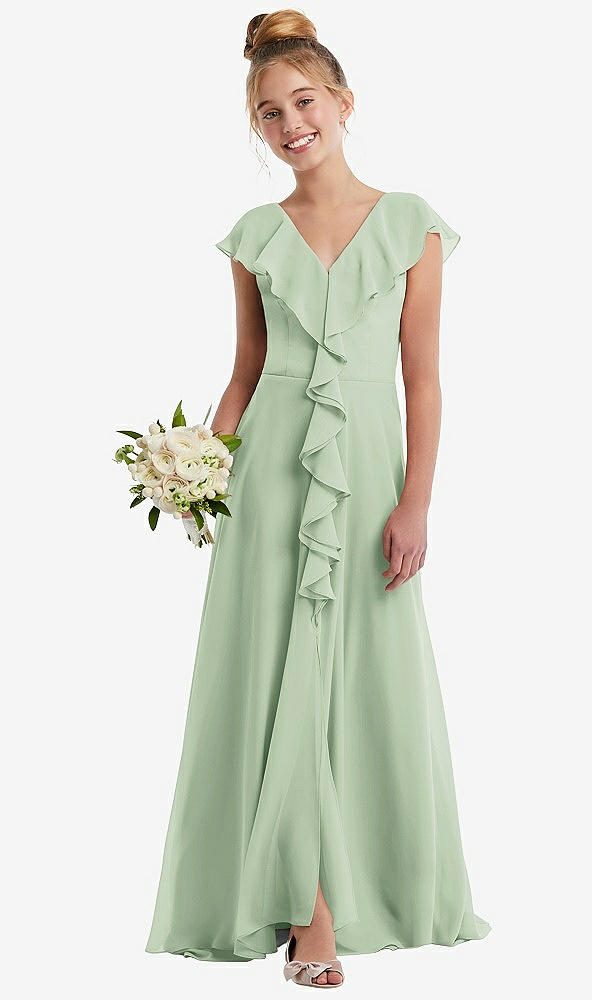 Front View - Celadon Cascading Ruffle Full Skirt Chiffon Junior Bridesmaid Dress
