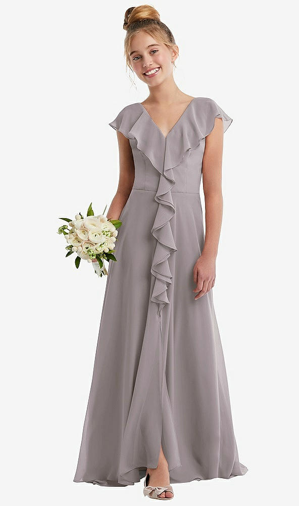 Front View - Cashmere Gray Cascading Ruffle Full Skirt Chiffon Junior Bridesmaid Dress