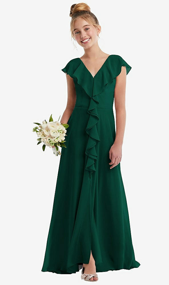 Front View - Hunter Green Cascading Ruffle Full Skirt Chiffon Junior Bridesmaid Dress