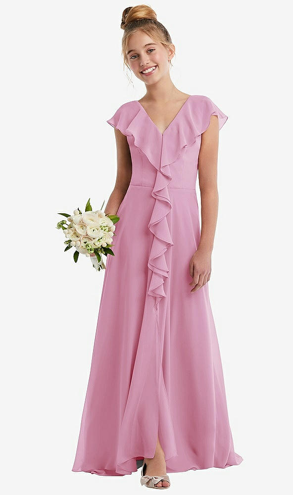 Front View - Powder Pink Cascading Ruffle Full Skirt Chiffon Junior Bridesmaid Dress