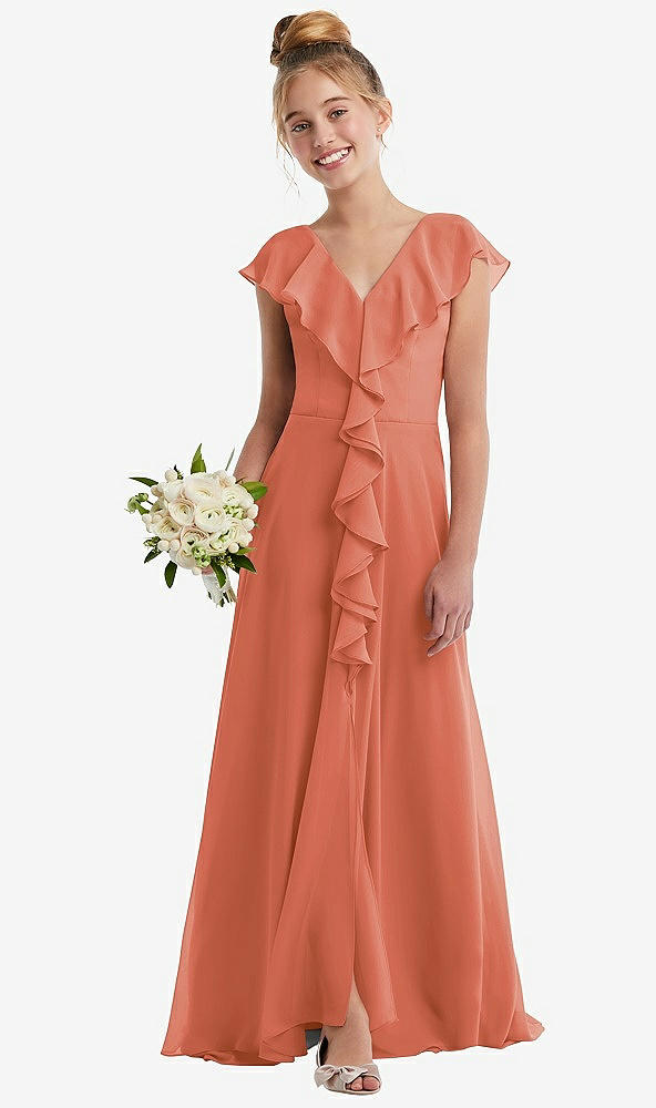 Front View - Terracotta Copper Cascading Ruffle Full Skirt Chiffon Junior Bridesmaid Dress