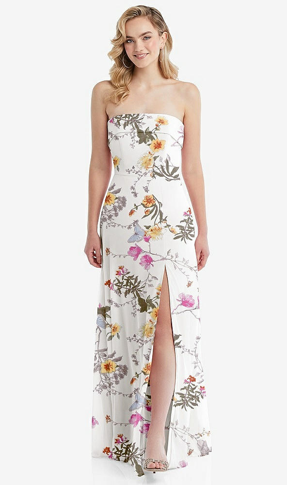 Front View - Butterfly Botanica Ivory Cuffed Strapless Maxi Dress with Front Slit