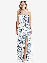 Front View Thumbnail - Cottage Rose Dusk Blue Cuffed Strapless Maxi Dress with Front Slit