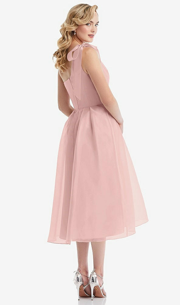 Back View - Rose - PANTONE Rose Quartz Scarf-Tie One-Shoulder Organdy Midi Dress 