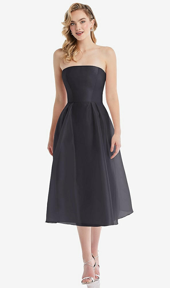 Front View - Onyx Strapless Pleated Skirt Organdy Midi Dress