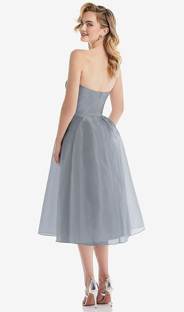 Back View - Platinum Strapless Pleated Skirt Organdy Midi Dress