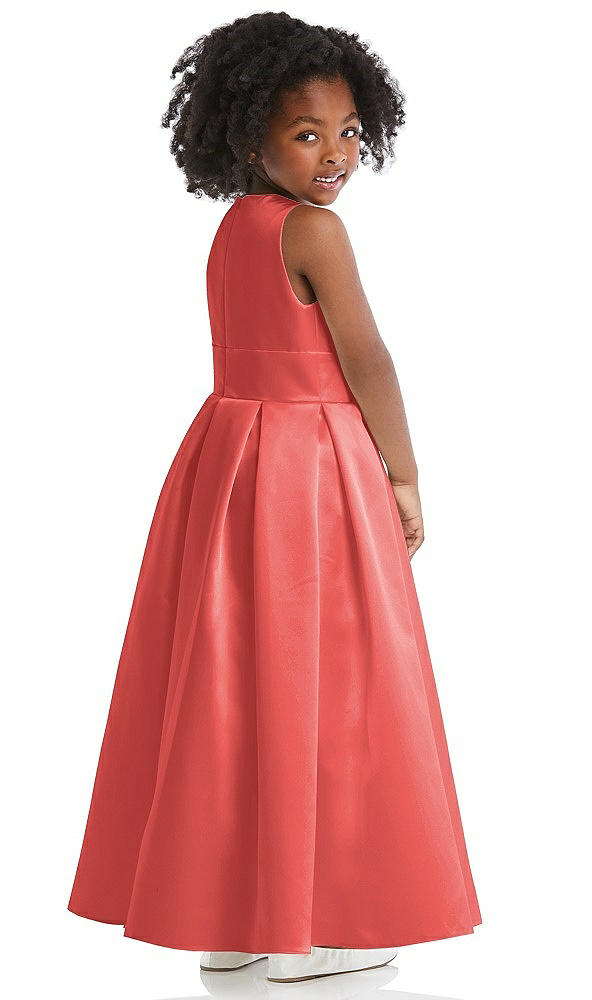 Back View - Perfect Coral Sleeveless Pleated Skirt Satin Flower Girl Dress