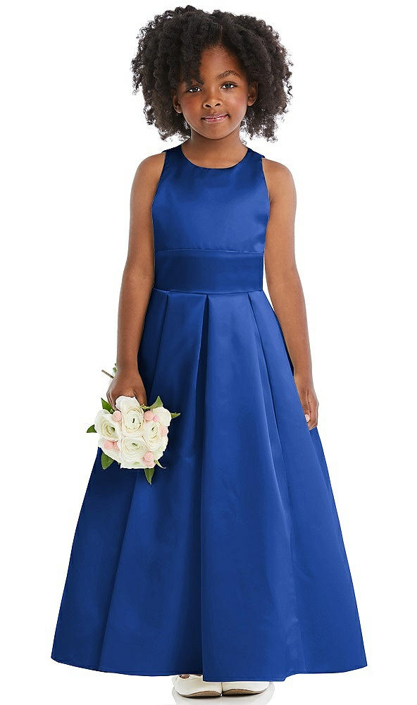 Front View - Sapphire Sleeveless Pleated Skirt Satin Flower Girl Dress