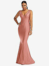 Front View Thumbnail - Desert Rose Shirred Shoulder Stretch Satin Mermaid Dress with Slight Train